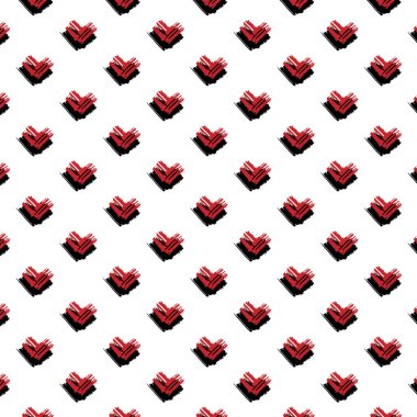 Siyah ve kırmızı kalp benekleri, elle çizilmiş siyah geometrik element üzerinde çizilmiş. Baskı ve tekstil için modern soyut aşk tasarımı