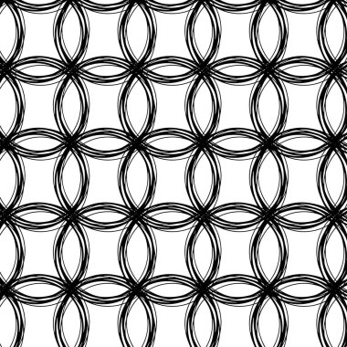 Siyah desenli daireler, saydam bir arkaplanda simetrik çizimler yapar. Siyah geometrik elementler elle çizilir. Baskı ve tekstil için modern soyut tasarım