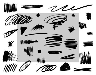 Kömür, karalamalar ve şekillerle çizilmiş siyah çizgiler. El çizimi vektör çizgileri ve karalamalar. Sert kalem darbeleri. Çocuk karalamaları.