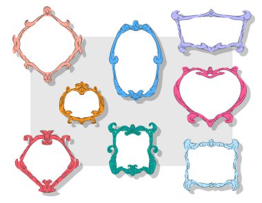 Eski Viktorya tarzı boş resim çerçeveleri. Antika klasik oyulmuş çerçeveler. Resim için geçmişe dönük dekorasyonlar, fotoğraf. Beyaz arkaplanda düz vektör illüstrasyonu