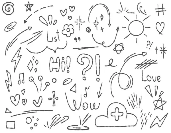 Doodle Mignon Paillettes Éléments Ligne Stylo Dessinés Crayon Doodle Coeur — Image vectorielle