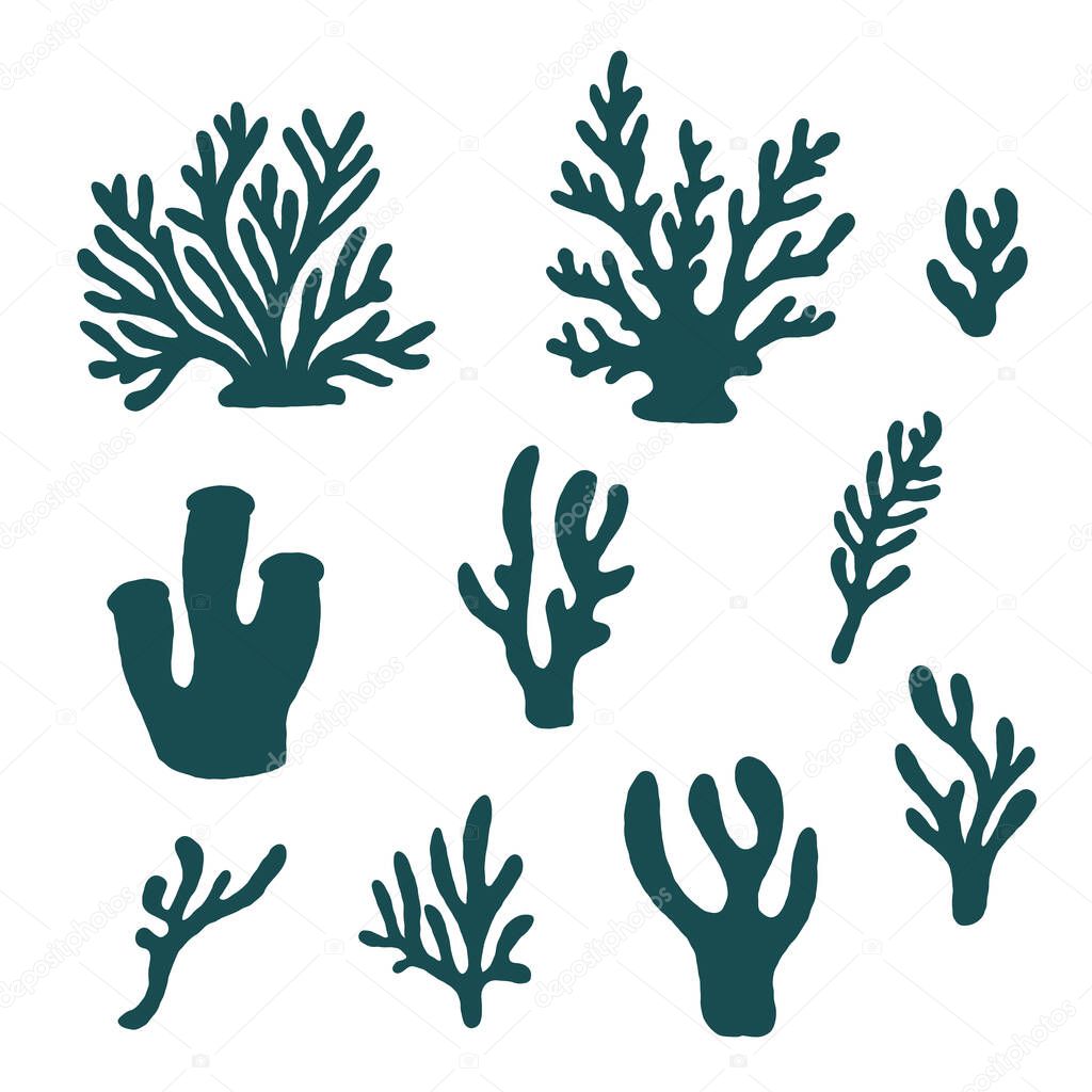 Ocean coral stamp, vector on a white background. Sea nature, silhouette of the ocean. Vector