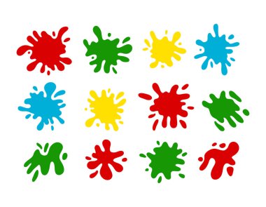 Renkli boyalar sıçrıyor. Yuvarlak mürekkep damlaları, dekoratif sıvı şekilleri. Grunge sıçrıyor, düşüyor, çizgi film tarzında sıçrıyor. Holi hazır. İzole vektör illüstrasyonu