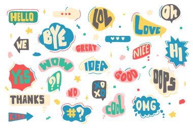 Sohbet balonları, sohbet siteleri, karşılama cümleleriyle sohbet bulutları. Diyalog sohbet baloncukları sembolleri taşır. Tartışma için düşünce bulutları veya ileti çerçeveleri