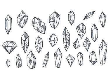 Karalama tarzında kristallerin vektör illüstrasyonu. Bir dizi kristal. Kristallerin, taşların, elmasların basit grafik çizimleri. Clipart beyaz arkaplanda izole edildi. Değerli taşların karalaması