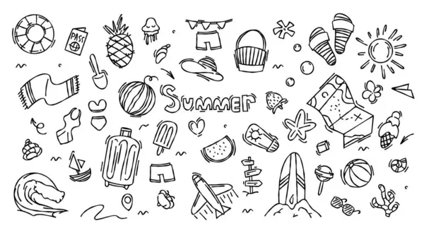 Set Travel Doodle Hand Drawn Summer Beach Party Vacation Travel — Stock Vector