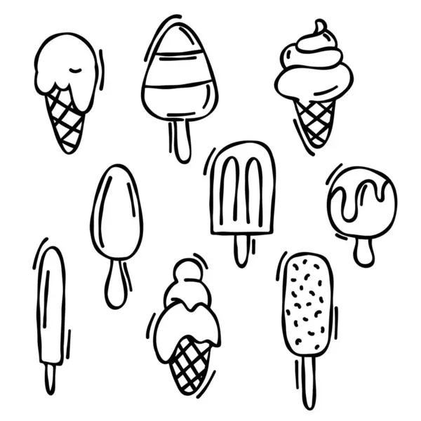 Elle Çizilmiş Farklı Dondurma Çeşitleri Waffle Külahı Buzlu Şeker Dondurma — Stok Vektör