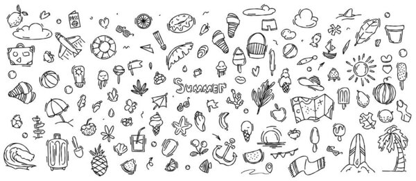 Set of doodle hand drawn summer, beach party, vacation and travel doodle elements. Summer doodle elements. Summer and rest, vector graphics of summer rest, travel