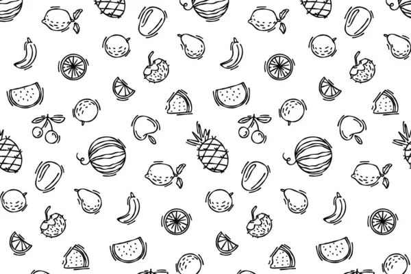 涂鸦线夏季无缝模式与热带水果 花纹和纺织品设计模式 病媒夏季图形 新鲜水果 素食图案 异国食物涂鸦模式 — 图库矢量图片