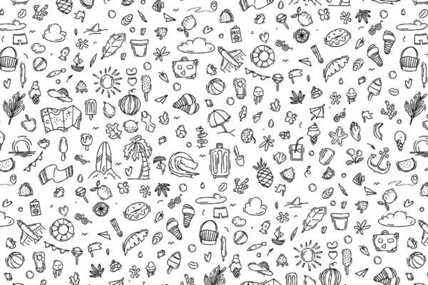 Handgezeichnete Nahtlose Muster Von Sommerurlaubs Reiseelementen Doodle Stil Gepäck Karte — Stockvektor