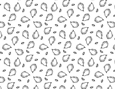 Beyaz arka planda armut, armut ve yapraklardan oluşan el çizimi, pürüzsüz bir şekil. Robot resim tarzında tasarım elemanları. Menüler, el ilanları, posterler, baskılar, ambalajlar için ideal.