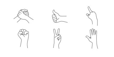 Bir dizi gerçekçi tek satırlık jestler. Beyaz zemin üzerinde siyah çizgi vuruşları olan grafiksel logo tasarımı. Vektör grafik. El hareketleri