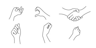 Bir dizi gerçekçi tek satırlık jestler. Beyaz zemin üzerinde siyah çizgi vuruşları olan grafiksel logo tasarımı. Vektör grafik. El hareketleri