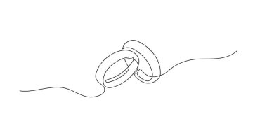 Alyansların bir çizgi çizimi. Romantik zarafet ve nişan teklifi sembolü ve basit doğrusal bir evlilik daveti. Düğün için. Doodle vektör illüstrasyonu