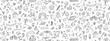Oyuncaklar, yiyecekler, bitkiler ve spor ve yaratıcı aktiviteler için şeyler de dahil olmak üzere bir kalem tarafından çizilmiş bir çocuk hayatından bir desen, bir roket. gökkuşağı Çocuk grafikleri