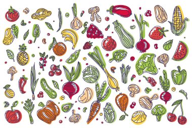 Beyaz arka planda renkli sebze ve meyve karalamaları. Sağlıklı yiyeceklerin vektör grafikleri. Sebzeler ve meyveler karalama tarzında, skeç. Yemek tasarımı için resim. Vejetaryen ürünleri