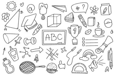 Bir dizi karalama malzemesi okula geri döndü. Siyah arka planda beyaz öğrenci kırtasiyesi. Okul ve eğitim malzemeleri eskiz tarzında. Vektör grafikleri