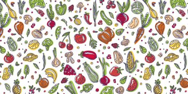 Sebzeler ve renkli meyveler. Koyu arkaplanda kusursuz el çizimi deseni var. Özgeçmiş, kart, poster, afiş, tekstil baskısı, kapak, web tasarımı için resim. Sağlıklı beslen. Vektör simgeleri.