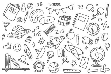 Bir dizi karalama malzemesi okula geri döndü. Siyah arka planda beyaz öğrenci kırtasiyesi. Okul ve eğitim malzemeleri eskiz tarzında. Vektör grafikleri