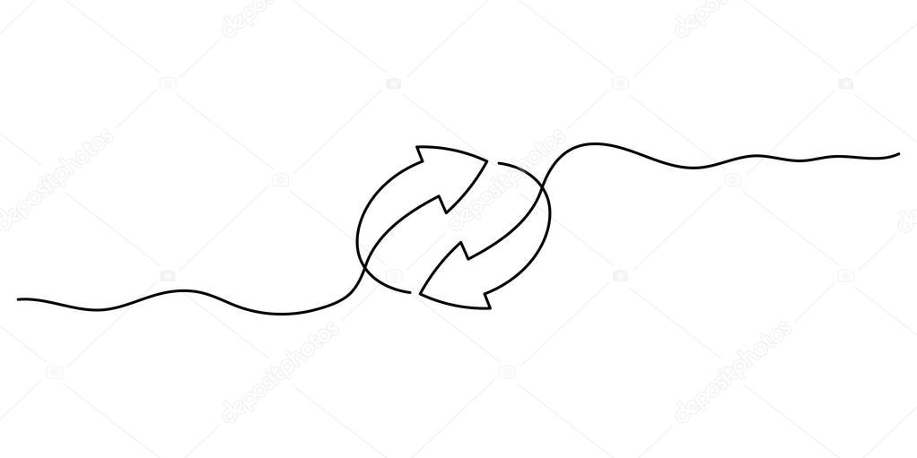 Continuous line design with arrows pointing in a circle. Single-line decorative elements drawn on a white background. Minimalist graphics of processing