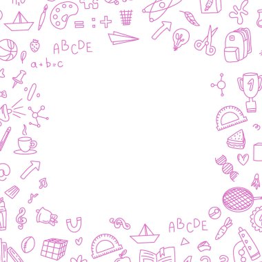 Karalama tarzında okul kare metin çerçevesine geri dön. El çizimi kitap unsurları, eğitim sembolleri. Sosyal ağlar için çerçeve. Bir toplantıya davetiye. Ofis çizimleri