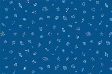 Deniz kabukları çizgisi olan su altı dikişsiz desen mavi arka planda beyaz renkli sanat çizimleri. Okyanus deniz kabuğu, deniz yıldızı sarmalı yumuşakça. Su tasarımı elementleri süsü tekrarlıyor. Taslak vektör dokusu