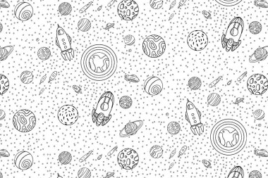 Kozmos kusursuz desen. El çizimi karalama vektörü. Roketler gezegen takımyıldızları UFO yıldızları uydusu vs. Uzay koleksiyonu. Siyah ve beyaz.