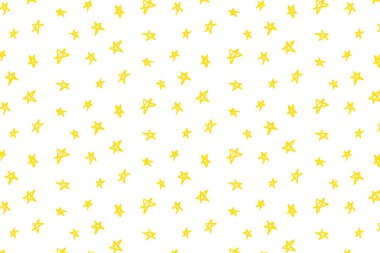 Sarı yıldızlar beyaz arkaplan desenine karalama yaparlar. Geceleri gökyüzünün vektör grafikleri. Gökyüzündeki yıldızlar gibi. Çocuk vektör grafikleri