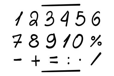 0 'dan 9' a kadar olan sayılar kümesi. Beyaz arkaplanda el yazısı olan vektör yazı tipi. Çocuklar için matematiksel semboller. Okul vektör grafiklerine geri dön