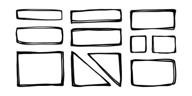 İşaretleyici çerçeveler ve metin kutuları, grunge desenli karalama çizimi ögeleri ayarlandı. Vektör illüstrasyonu.