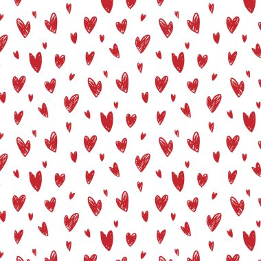 Kusursuz desenli, el çizimi kırmızı kalpler. Düğün davetiyeleri, afişler, kartlar ve posterler için dekoratif desen.