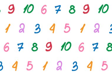 Çocuklar için matematiksel parlak desen. Çocukların eğitimsel ürün tasarımı için kusursuz baskı için renkli sayılar. Beyaz arkaplanda el yazısıyla yazılmış kırmızı, mavi, yeşil sayılar.