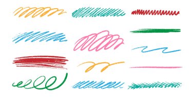 Beyaz arka planda izole edilmiş renkli mum boya kalemi darbelerini ayarlayın. Çizgi ve karalamalardan oluşan el çizimi kalem darbeleri. Parlak soyut çocuk kömürü çizimi. Sert köşeler.