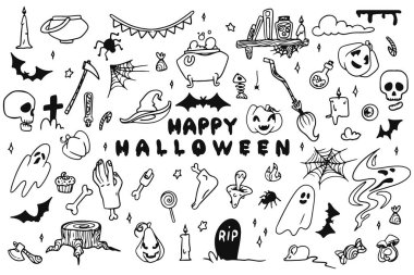 Sevimli ve eğlenceli cadılar bayramı öğelerinin modaya uygun büyülü karalamaları. Cadılık, ay büyüleri, aşk iksirleri, tılsımlar ve diğer sevimli detaylar projen için mükemmel. Şenlikli tatil tasarımı