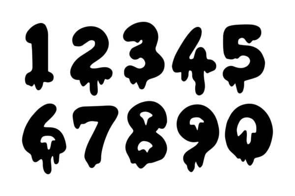 Хэллоуин. Цифры от 0 до 9, эффект слизи. Буквы шрифтов для печати, цифры в стиле небрежных мазков и капель, рукописная векторная темная страшная каллиграфия, каракули