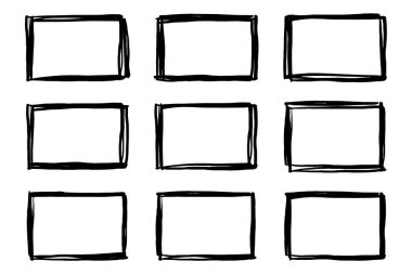 Dikdörtgen, grunge vektörü beyaz arkaplanda çizim tarzında ayarlandı. El çizimi biçimdeki siyah çerçeve