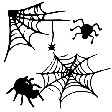 Tek renkli örümcek ağı, Cadılar Bayramı için ağ örümceği karalama ikonu seti. Taslak çizim koleksiyonu beyaz arkaplanda izole edildi. Dekorasyon için el çizimi şirin vektör ögeleri.