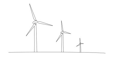 Beyaz zemin üzerinde alternatif enerji rüzgar türbininin silueti çizilmiş. Ekoloji ve doğa koruma sembolü kavramı. İnsanlık için alternatif enerji