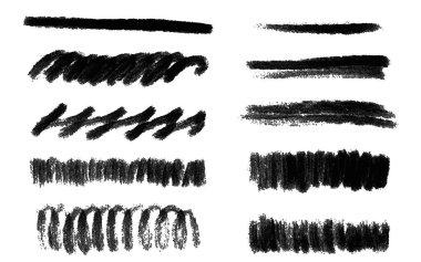 Vector set of hand drawn brush strokes, black spots for backgrounds. Set of monochrome design elements. Texture effect on white background.