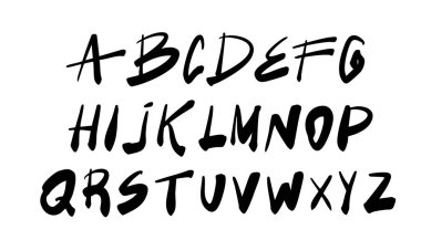 Kuru fırça darbesi dokusu olan Grunge büyük harf yazı tipi. Yürekli, elle çizilmiş büyük harfler. Graffiti tarzında. Sert, kirli kenarlar ve sıkıntılı detaylar bu vektör alfabesine ham, punk estetiği veriyor. Posterler, sokak kıyafetleri tasarımı ve albüm için ideal