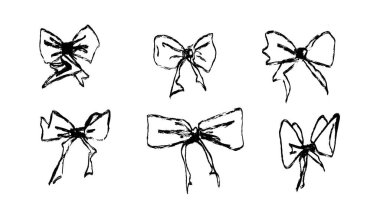 Elle çizilmiş tebeşir biçimli düğüm ve kurdeleli kusursuz vektör deseni. Boya kalemi çizimi kız işi punk estetiğiyle. Beyaz arka planda izole saten fiyonklar. Ambalaj kağıdı, tatil tasarımı, moda baskıları ve kolaj sanatı için ideal.