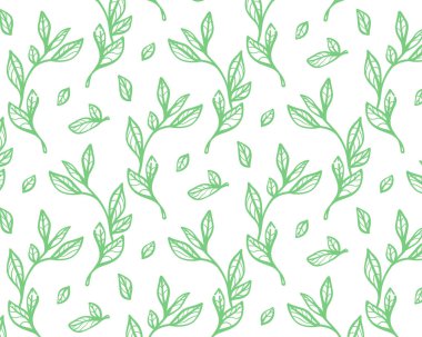 Yeşil yapraklı kusursuz vektör desenli fırça dalları. Zeytin, okaliptüs ve defne dalları modern süs tarzında. Soyut bitki motifleriyle elle çizilmiş mürekkep dokusu.