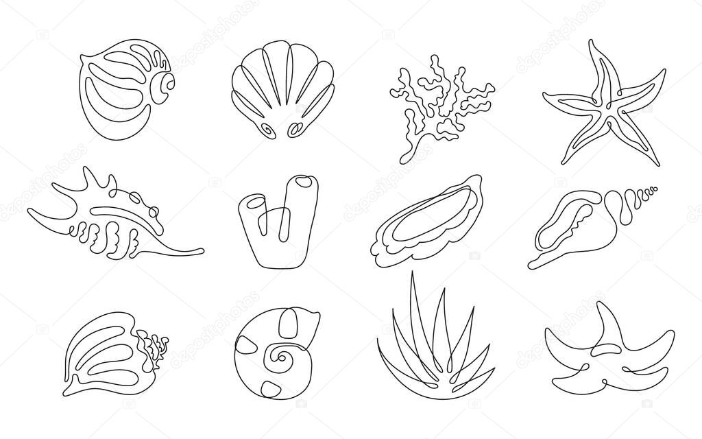 Minimalist one line seashell illustration. Hand-drawn continuous line art of ocean shell, perfect for modern coastal decor, logo design, tattoos, packaging, and beach-themed projects. Elegant black and white outline sketch isolated on white backgroun