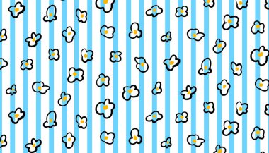 Mavi dikey çizgili kusursuz patlamış mısır deseni. El çizimi karamelli patlamış mısır, şeffaf arka planda. Atıştırmalık paketler, ambalaj kağıtları ve sinema temalı tasarımlar için mükemmel..