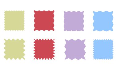 Zigzag ve dalgalı kenarlı kare siluet şekilleri koleksiyonu. Dekoratif çerçeve ve çıkartmalar etiketler, etiketler, rozetler, hatıra defterleri ve yaratıcı tasarım projeleri için mükemmel. Vektör illüstrasyonu.