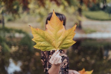 Elinde yapraklar olan bir kadın, parkta duruyor.