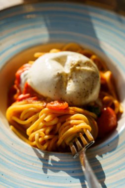 Domates sosuyla kaplı bir spagetti kıvrımını kaldıran bir çatalın yakın çekimi, arka planda kremalı burrata peyniri ve vişneli domatesler görülüyor. Sıcak güneş ışığı yemeğin dokusunu güçlendirir.