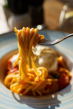 Domates sosuyla kaplı bir spagetti kıvrımını kaldıran bir çatalın yakın çekimi, arka planda kremalı burrata peyniri ve vişneli domatesler görülüyor. Sıcak güneş ışığı yemeğin dokusunu güçlendirir.