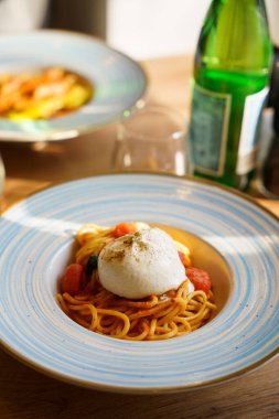 Üzerine burrata peyniri konmuş spagetti makarnası. Kiraz domatesli ve taze fesleğenli domates sosuyla servis edilmiş. Doğal ışık altında bir İtalyan yemeği..