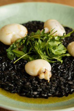 Kurutulmuş mürekkep balığı ve taze roka garnitürle kaplı siyah mürekkep balığı pilavı tabağı. Pastel yeşil seramik tabaktaki canlı yeşil ve koyu siyah kontrast..